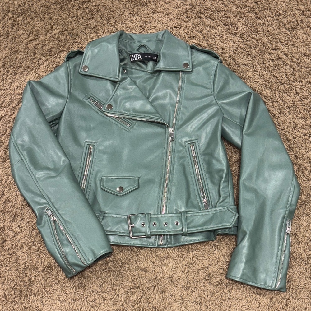 ZARA Sage Green Faux Leather Moto Jacket